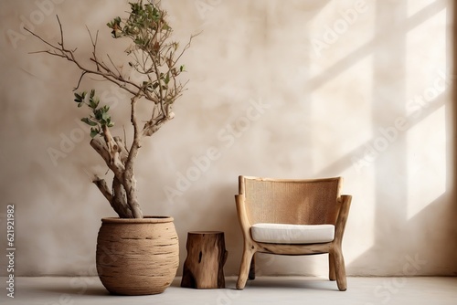 A chair and a potted tree in a room. AI