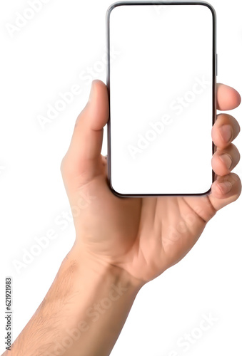 Hand holding a mobile phone with a white screen against a transparent background. Generative AI.