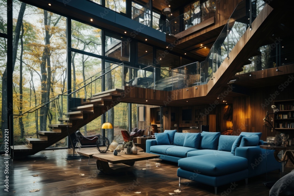 Loft interior design of modern living room open space. Spiral staircase, Wooden paneling and concrete walls. Plants. Created with generative AI