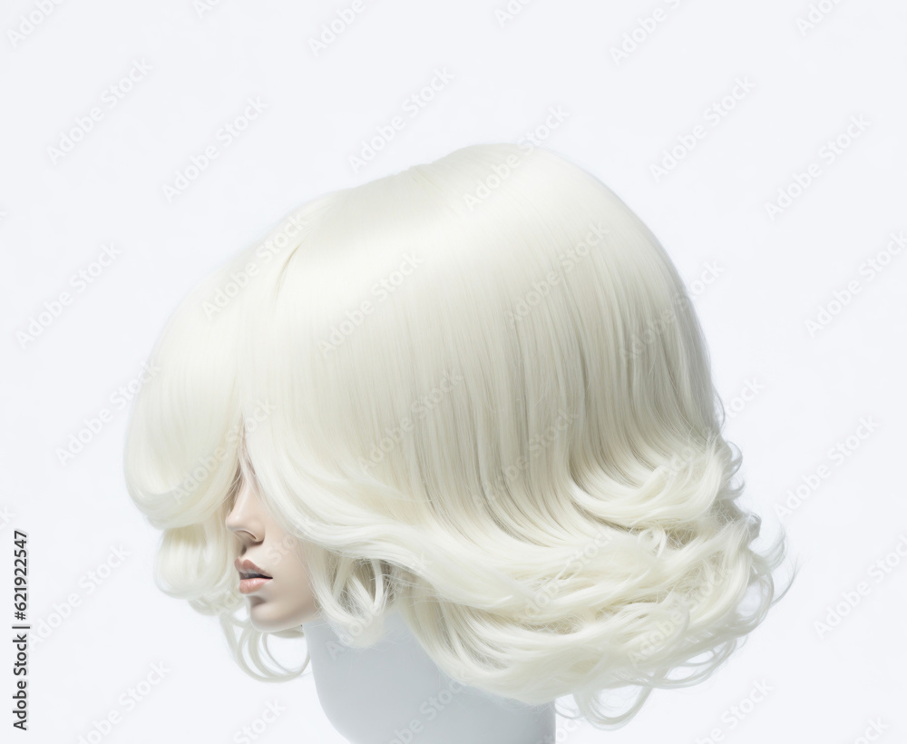 White Wig on Mannequin, Isolated on White Background White Wig on Mannequin, Isolated on White Background