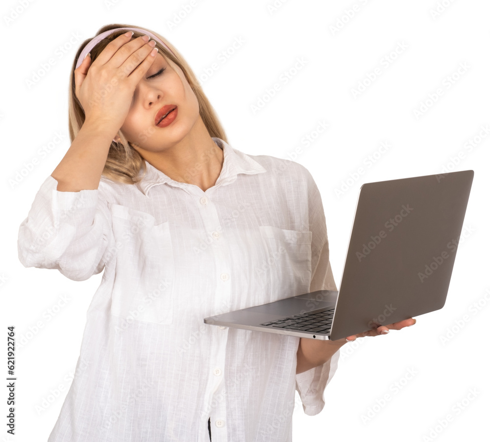 Stressed woman holding laptop, portrait of young blonde stressed woman holding laptop. Tired, exhausted with headache holding head with hand. Fear or upset for mistake concept idea. Transparent, png. Stressed woman holding laptop, portrait of young blonde stressed woman holding laptop. Tired, exhausted with headache holding head with hand. Fear or upset for mistake concept idea. Transparent, png.
