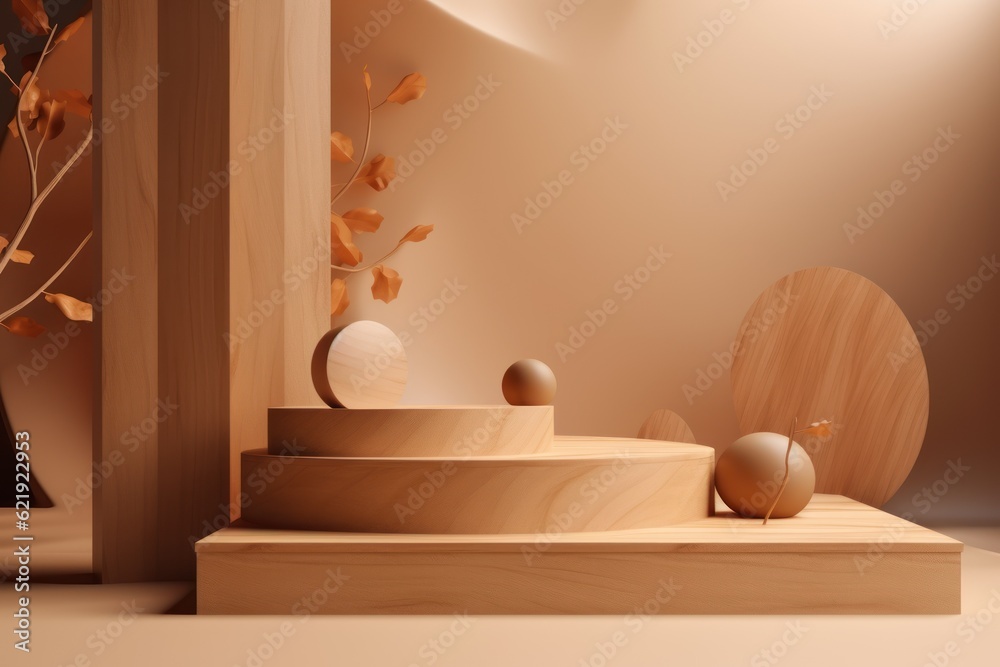 Podium wood display on beige with levitation objects. AI generated Podium wood display on beige with levitation objects. AI generated