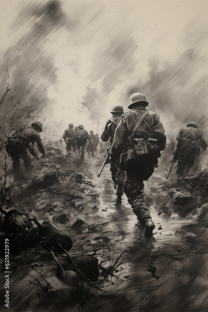 Charcoal sketch of D-Day invasion scene on June 6 1944 in Normandy. Ai generative art Charcoal sketch of D-Day invasion scene on June 6 1944 in Normandy. Ai generative art