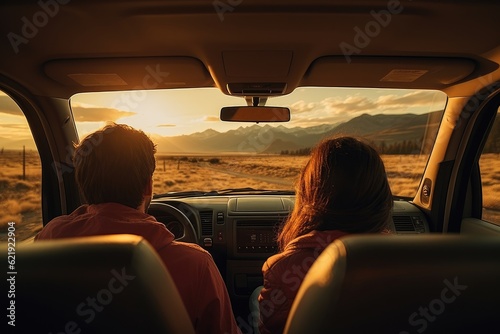 Two friends in car driving on road, having road trip, sunset. AI Generative