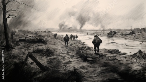 Charcoal sketch of D-Day invasion scene on June 6 1944 in Normandy. Ai generative art © W&S Stock