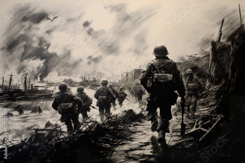 Obraz na płótnie Charcoal sketch of D-Day invasion scene on June 6 1944 in Normandy. Ai generative art w salonie