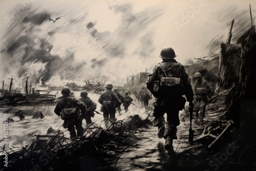 Charcoal sketch of D-Day invasion scene on June 6 1944 in Normandy. Ai generative art