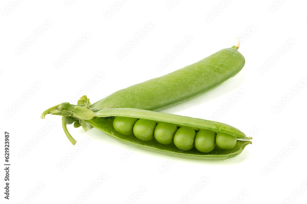 Ripe pea pods with peas inside isolated on white background. Ripe pea pods with peas inside isolated on white background.