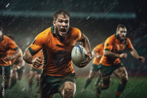 Fotobehang Rugby sportsman players with ball in action on stadium under lights