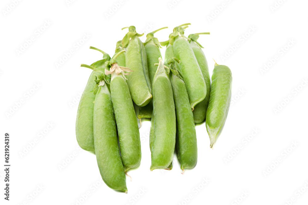 A bunch of ripe pea pods on a white background.