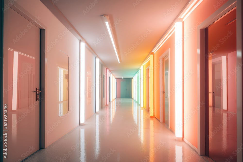 Vibrant retro futuristic small apartment building hallway. AI generated