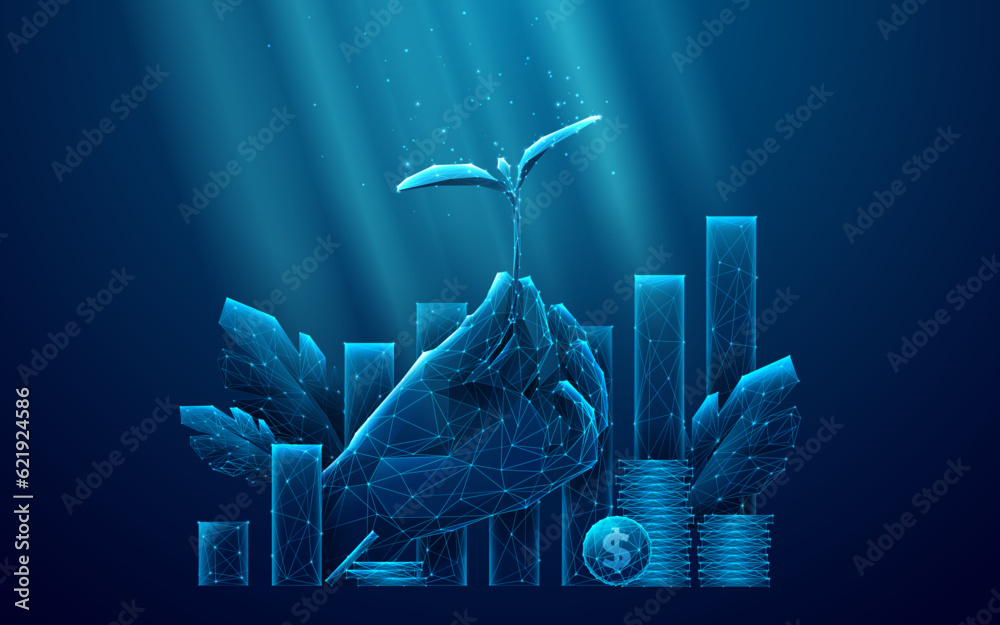 Sustainable Economy Concept. Abstract Digital Hand-Holding Plant on Technological Blue Background. Low Poly Wireframe Vector illustration Consist of Connected Glow Dots, Lines, and Geometric Shapes. - obrazy, fototapety, plakaty 