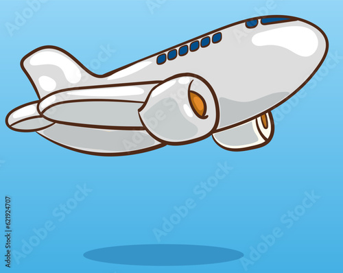 Airplane in sky. Flying civil aircraft transport in clouds vector flat background. Plane fly sin sky clouds, airplane flight transportation illustration