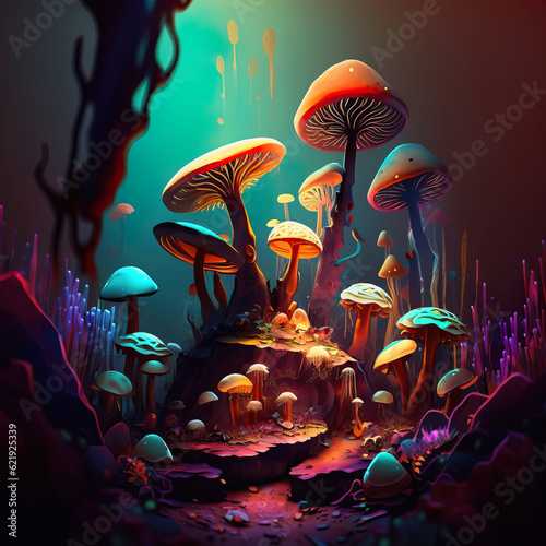 Fabulous glowing mushrooms. Generative AI.