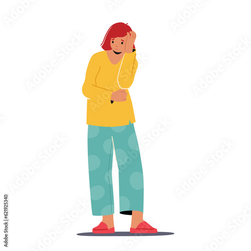 Exhausted Female Character. Woman In Cozy Pajamas And Slippers Seeks Comfort, Yearning For A Restful Sleep