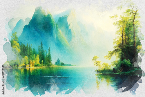watercolor illustration of a lake among the mountains