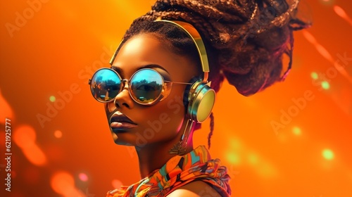 cool cyberpunk woman with sunglasses and headphones in front of a colorful abstract background, fictional person created with generative ai