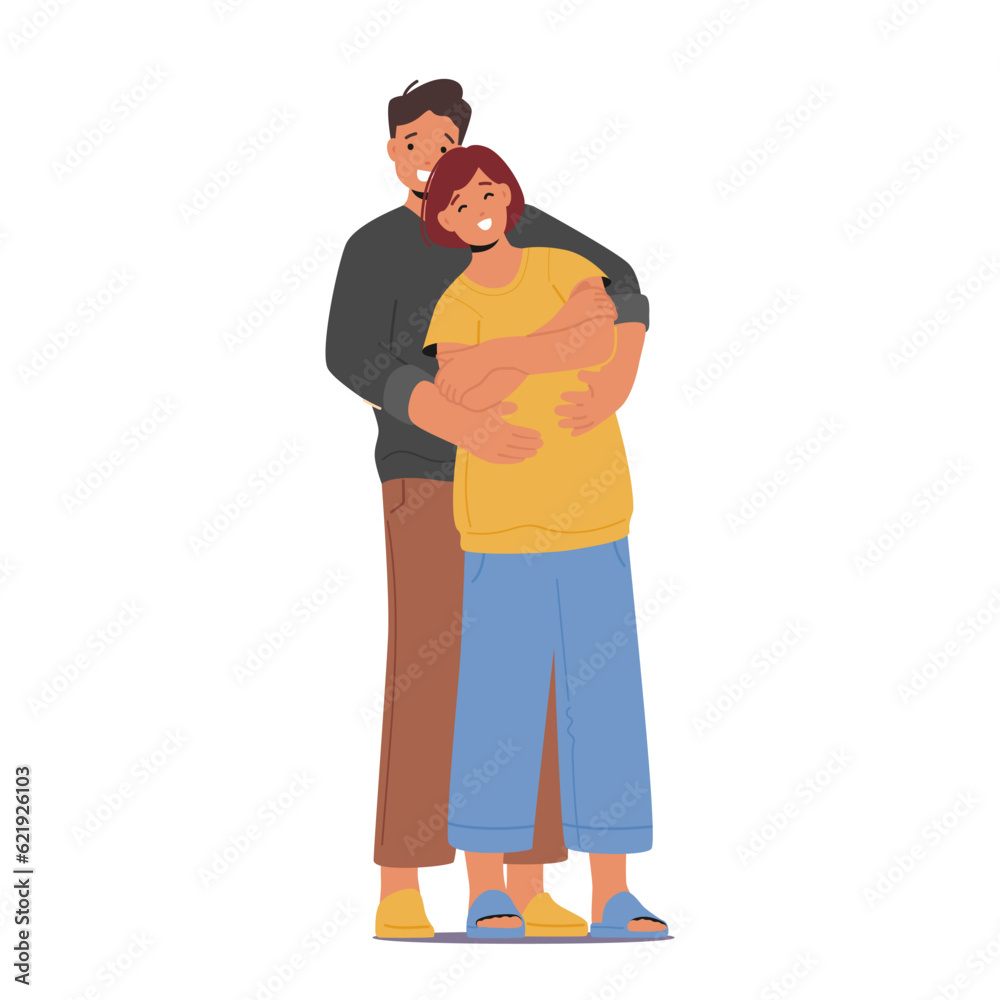 Male and Female Couple Characters Hug. Intimate Embrace Of Love, Where Two Hearts Connect, Expressing Affection