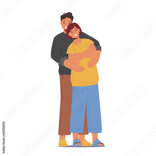 Male and Female Couple Characters Hug. Intimate Embrace Of Love, Where Two Hearts Connect, Expressing Affection
