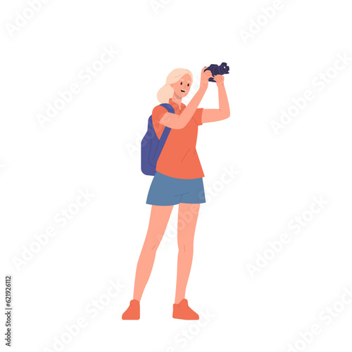 Young excited woman traveler cartoon character with backpack looking through binocular spyglass