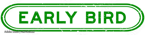 Grunge green early bird word rubber seal stamp on white background