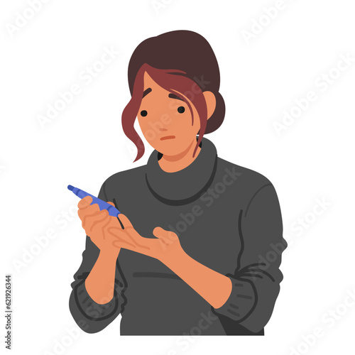 Diabetic Female Character Uses Finger-prick Pen To Check Blood Sugar Levels For Management, Vector Illustration