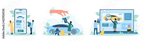 Buy or rent car set vector illustration. Cartoon tiny people with magnifying glass check online classifieds of dealers or owners in automobile market service, man holding vehicle key and gold coins