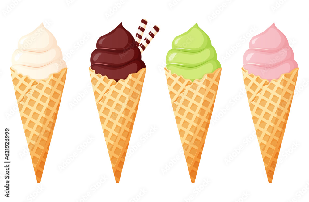 Different flavors ice cream cone