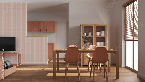 Minimal dining and living room in white and orange tones. Wooden table with chairs, partition wall with wallpaper over japandi kitchen. Scandinavian modern interior design