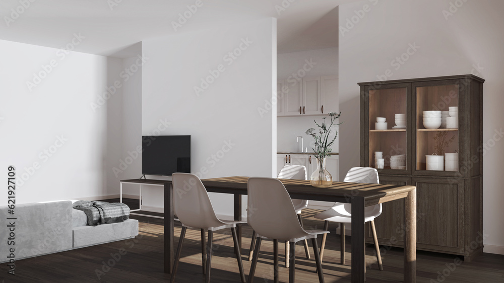 Scandinavian dark wooden dining and living room in white tones. Table with chairs, partition wall over kitchen. Cabinets and decors. Minimal interior design Scandinavian dark wooden dining and living room in white tones. Table with chairs, partition wall over kitchen. Cabinets and decors. Minimal interior design