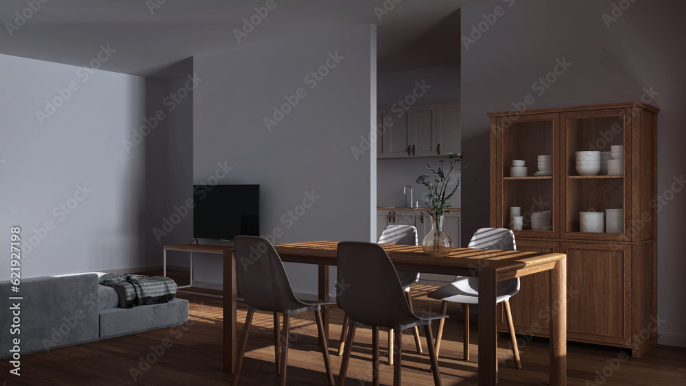 Dark late evening scene, scandinavian wooden dining and living room. Table with chairs, partition wall over kitchen. Cabinets and decors. Minimal interior design