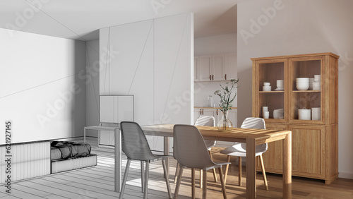 Architect interior designer concept  hand-drawn draft unfinished project that becomes real  scandinavian wooden dining and living room. Partition wall over kitchen. Minimal style