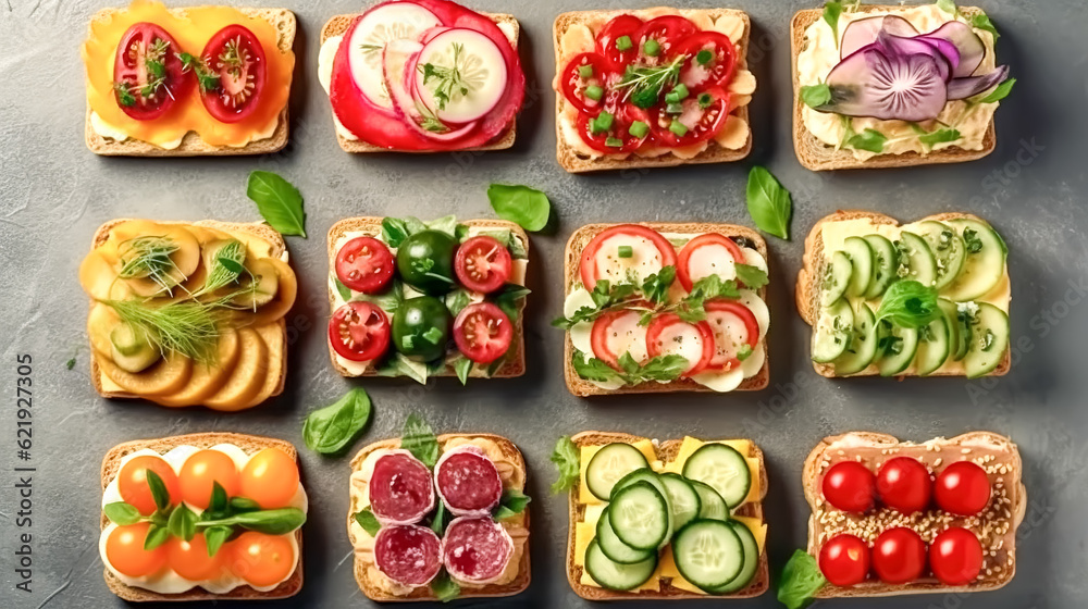 Various bruschettas on a textured surface, generative AI. Various bruschettas on a textured surface, generative AI.