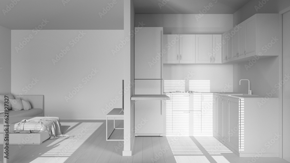 Total white project draft, modern wooden minimal kitchen and living room. Partition wall over cabinets and appliances. Lounge and parquet floor. Japandi interior design Total white project draft, modern wooden minimal kitchen and living room. Partition wall over cabinets and appliances. Lounge and parquet floor. Japandi interior design