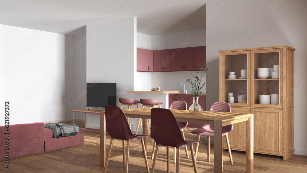 Modern scandinavian dining and living room in white and red tones. Wooden table with chairs, island with stools. Partition wall over kitchen. Minimal interior design Modern scandinavian dining and living room in white and red tones. Wooden table with chairs, island with stools. Partition wall over kitchen. Minimal interior design