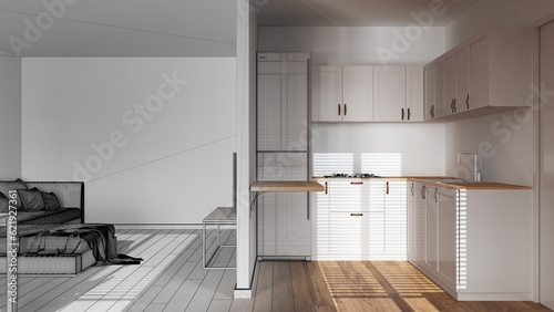 Architect interior designer concept: hand-drawn draft unfinished project that becomes real, modern wooden minimal kitchen and living room. Partition wall over cabinets