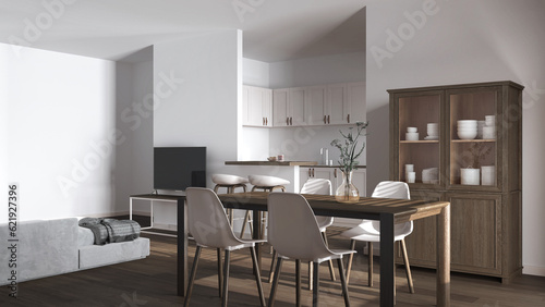 Modern scandinavian dining and living room in white tones. Dark wooden table with chairs, island with stools. Partition wall over kitchen. Minimal interior design