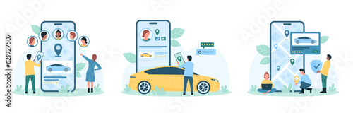 Rent and share car set vector illustration. Cartoon tiny people holding mobile phone, insurance shield and navigation pin, using carsharing application, remote vehicle rental and taxi service app