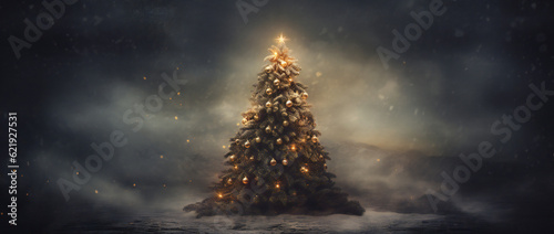 Christmas tree with lights, dark background, romantic