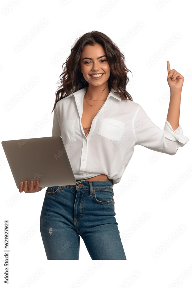 A woman in a white shirt is holding a laptop and points upwards A woman in a white shirt is holding a laptop and points upwards