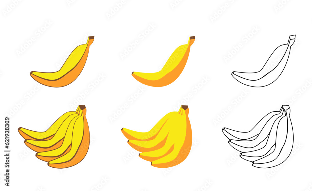 Set Of Bananas And Banana Vector Illustration icons. Transparent Background. 
