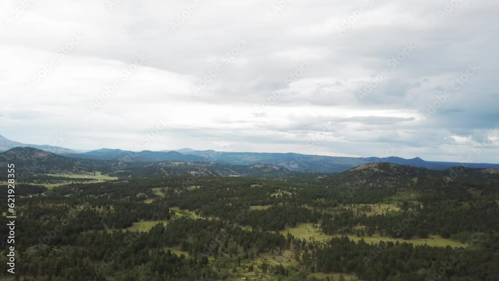 Aerial Forward Shot Of Tree Landscape Against Cloudy Sky, Scenic View Of Field - Eleven Mile State Park, Colorado