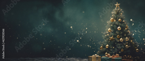 Holiday illumination and decoration concept at christmas time, bokeh lights over dark green background, christmas tree with presents