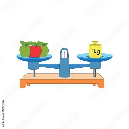 balance Scale Apple 1kg. scales in balance, an imbalance of scales. vector illustration. on white background. scale clipart