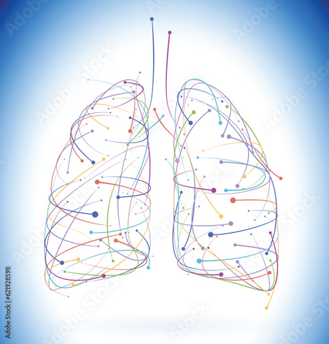 The illustration of various colored stripes and dots arranged to form the shape of a human lung gives it a modern, dynamic, moderately technological feel. Used in medicine and industry.
