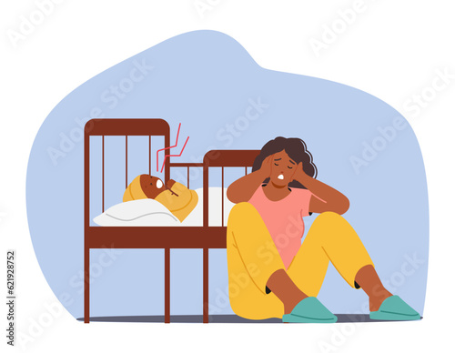 Exhausted African American Mother Character Struggles With Postpartum Depression While Tending To A Crying Baby In A Cot