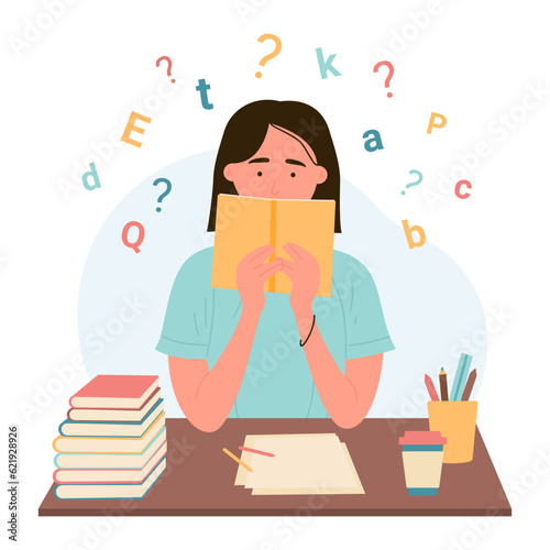 Dyslexia, disability disorder, problem of reading and understanding vector illustration. Cartoon dyslexic girl sitting at desk with cloud of letters and book to read and solve chaos puzzle of words