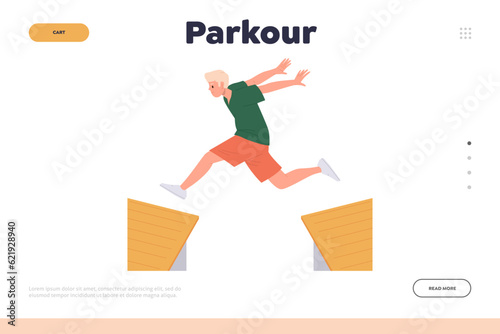 Parkour landing page template urban sport website design with young teenager guy jumping tricks