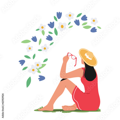 Gorgeous Female Character Sitting On Green Meadow With Glasses. Woman In Red Summer Dress And Hat Vector Illustration