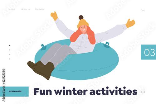 Fun winter activities landing page design, website template offering sliding down hills on tubing